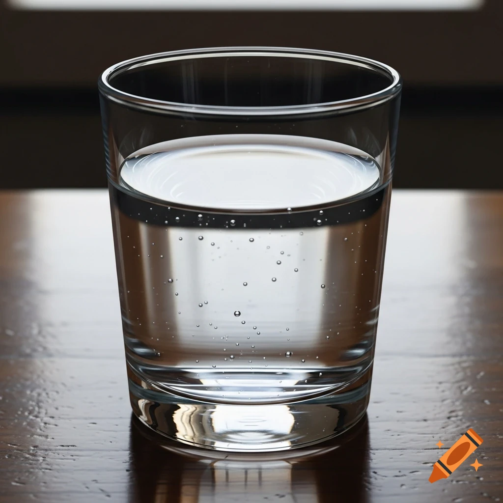 A photorealistic close-up of a clear glass of water with small bubbles, sitting on a dark wooden table.