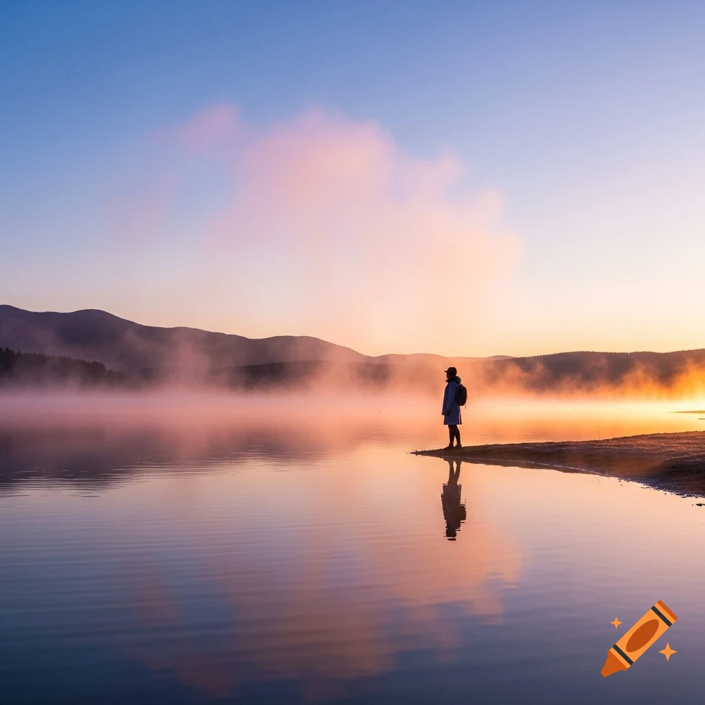 A lone figure stands on the shore of a misty lake at sunrise, with mountains in the background and a colorful sky reflecting on the water.