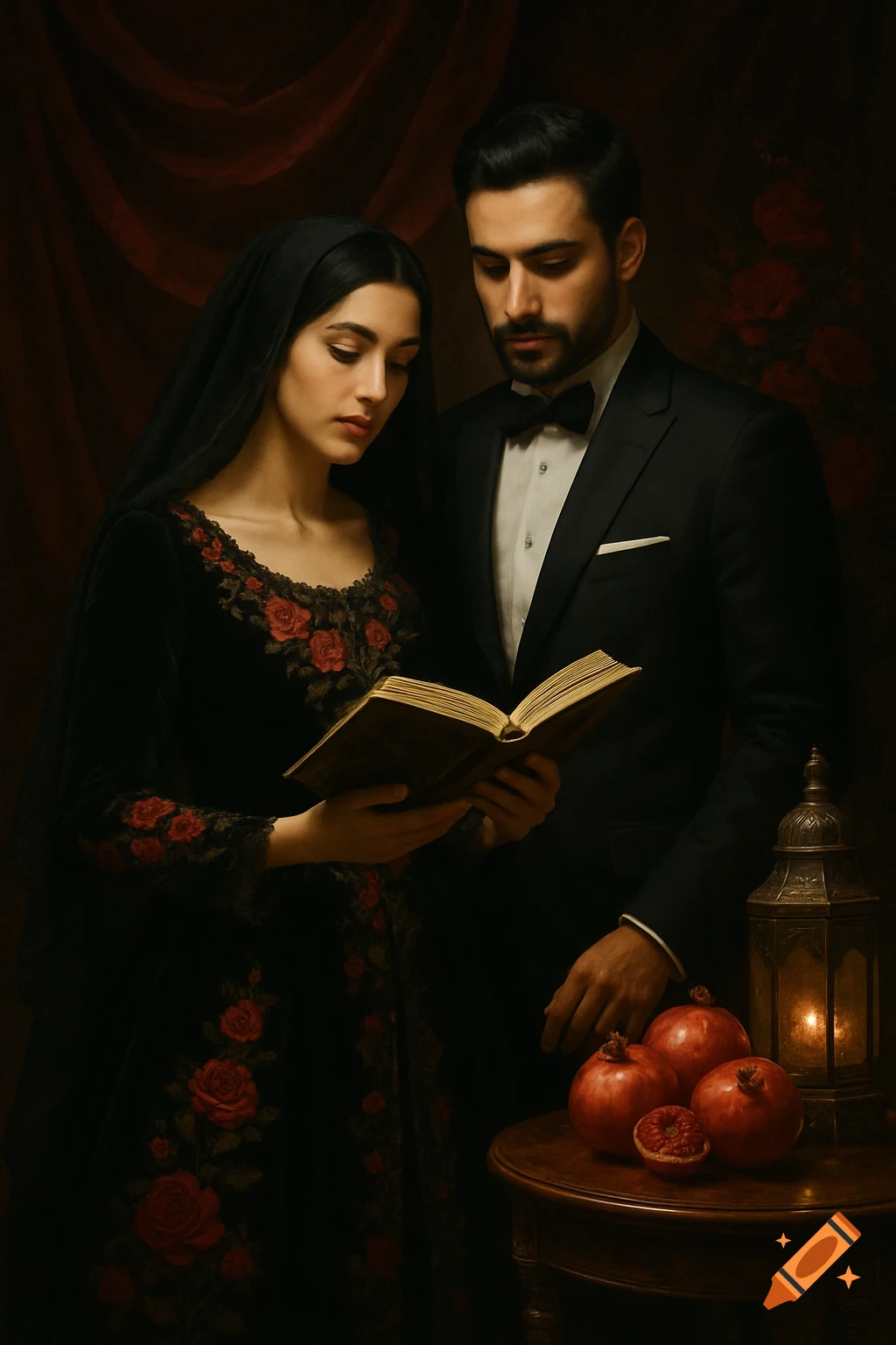 A photorealistic portrait of an Iranian couple in elegant black formal attire, reading a book by candlelight.
