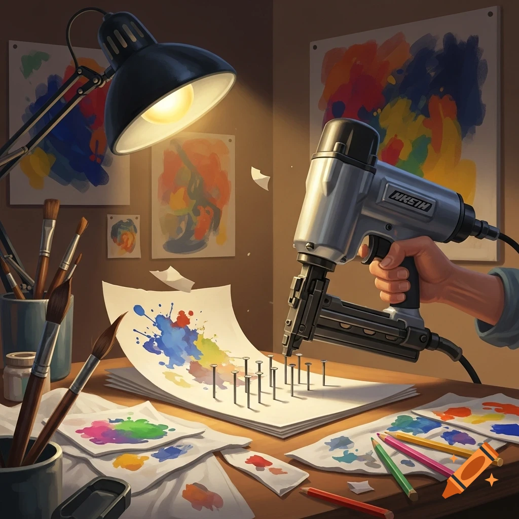 A hand uses a nailgun to fasten paint-splattered paper onto a desk with art supplies in a digital illustration.