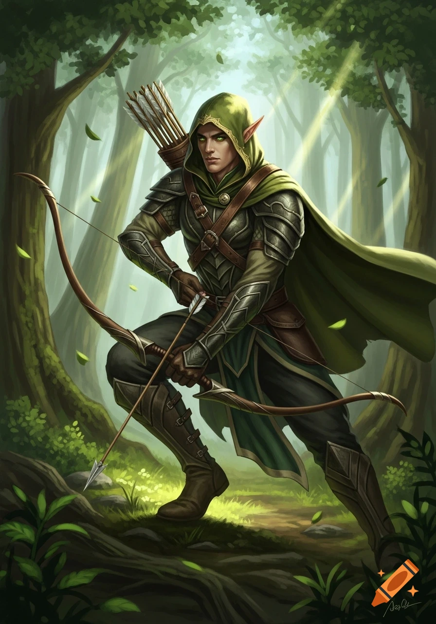 A male elf ranger in green and brown armor holds a bow and arrow, ready to shoot in a sun-dappled forest.