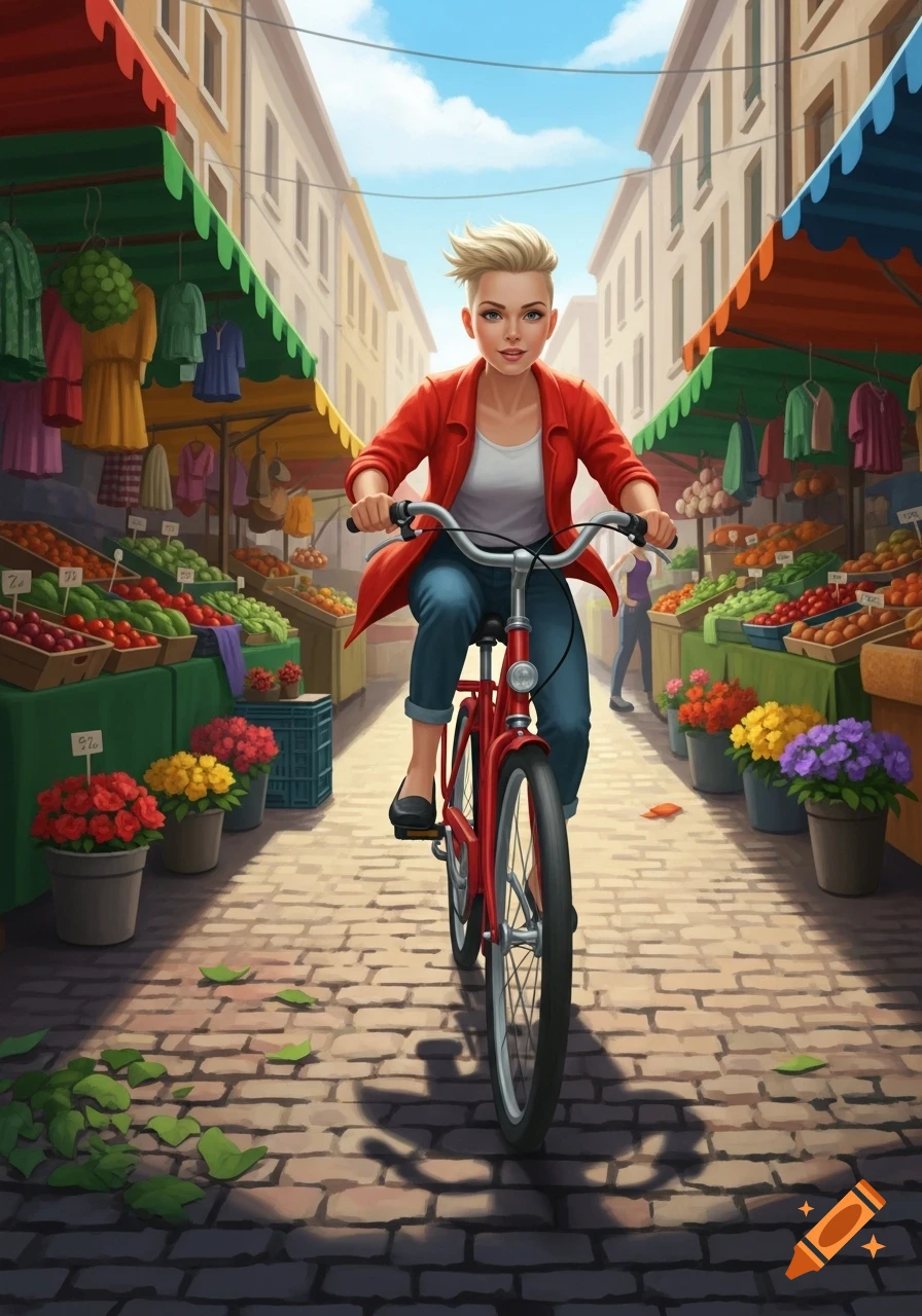 An illustrated woman with short blonde hair rides a red bicycle through a vibrant outdoor market with stalls of produce and flowers.