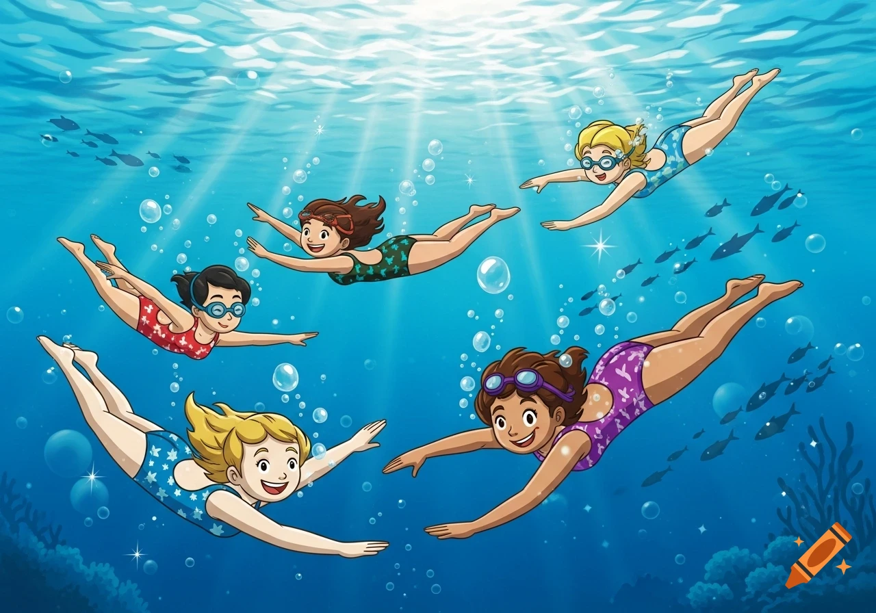 Five cartoon girls in colorful swimsuits and goggles happily swim underwater among fish and bubbles.