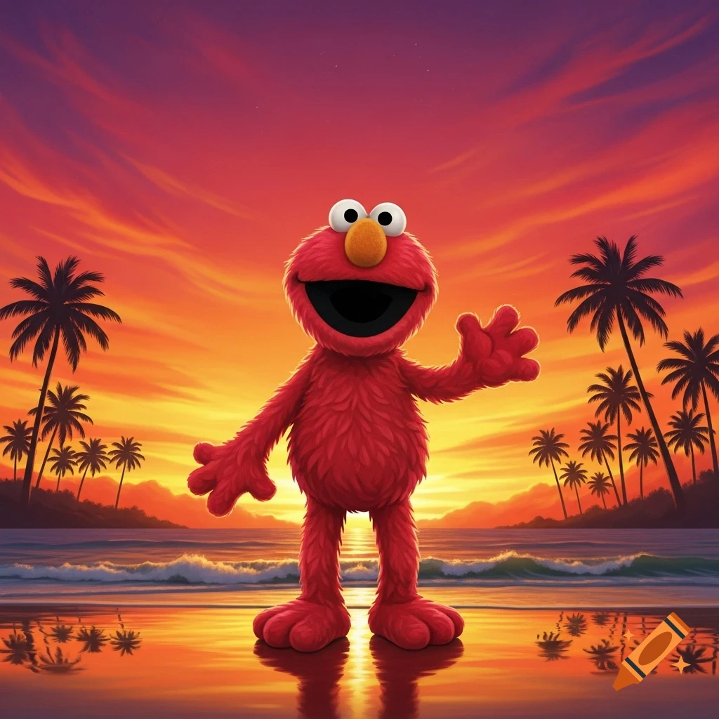 Elmo stands on a sandy beach at sunset, with palm trees silhouetted against an orange and purple sky, waving with a wide smile.