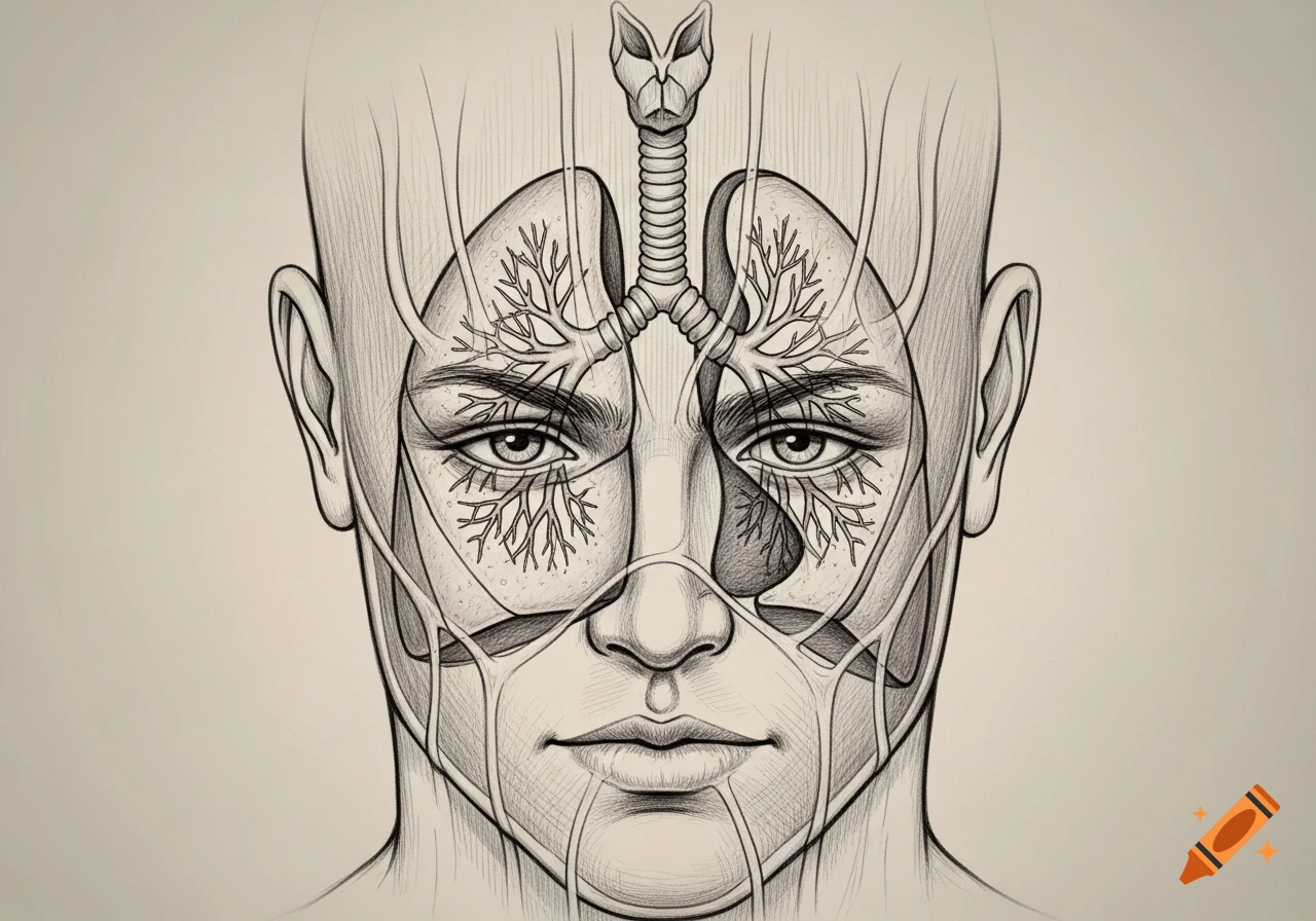 Detailed sketch of a human face with the respiratory system (lungs, trachea) integrated within, in an anatomical illustration style.