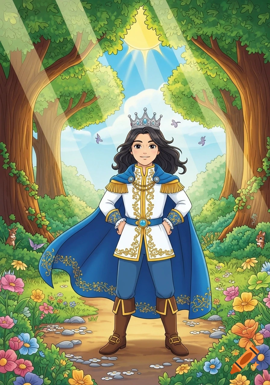 A cartoon prince with a crown and a blue and white royal outfit stands in a sunlit forest filled with colorful flowers.