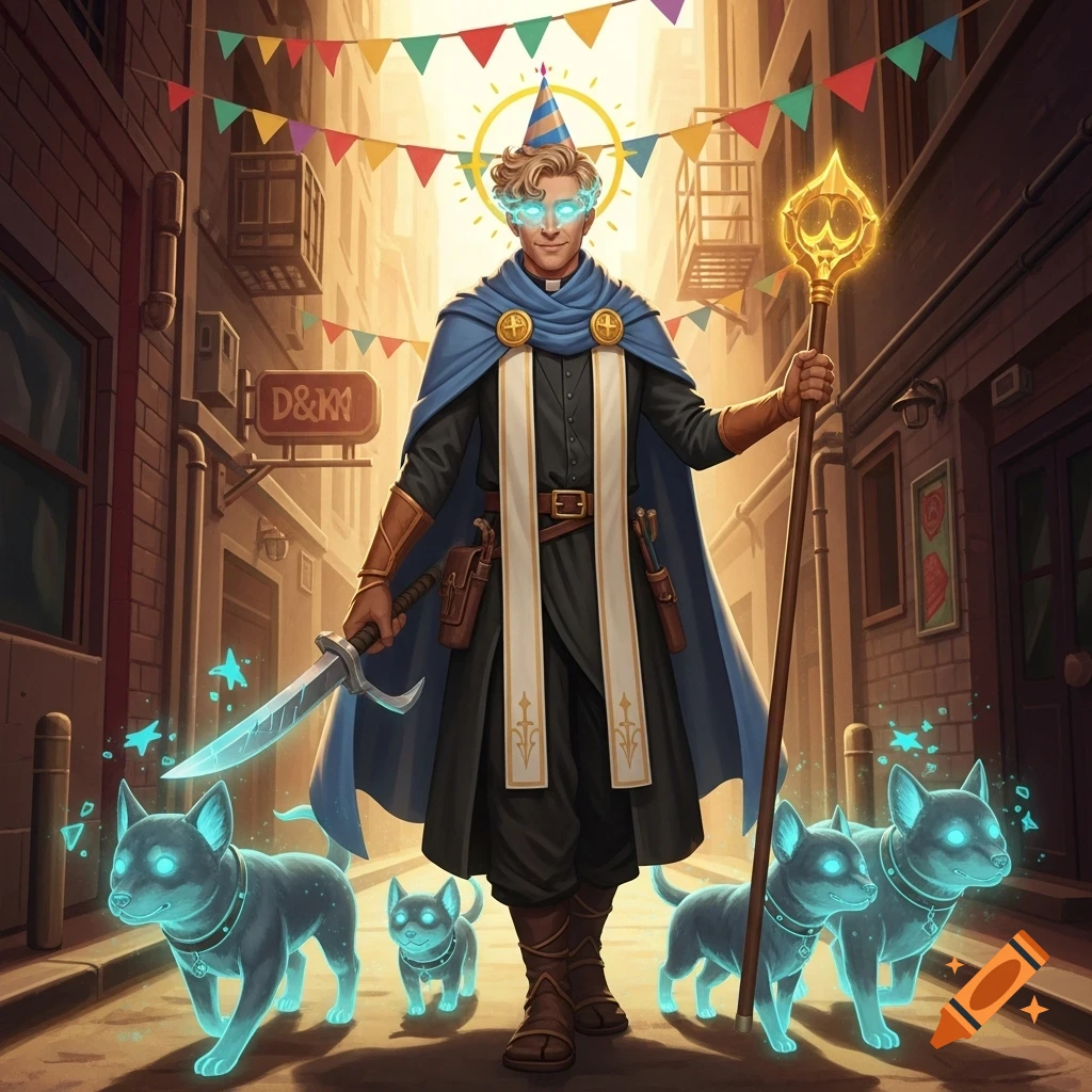 A fantasy cleric in a birthday hat, with glowing eyes, sword, and staff, walks in a festive alley with glowing blue dogs.