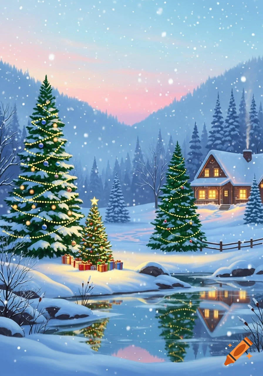 A snowy Christmas landscape with decorated pine trees, a cozy ...