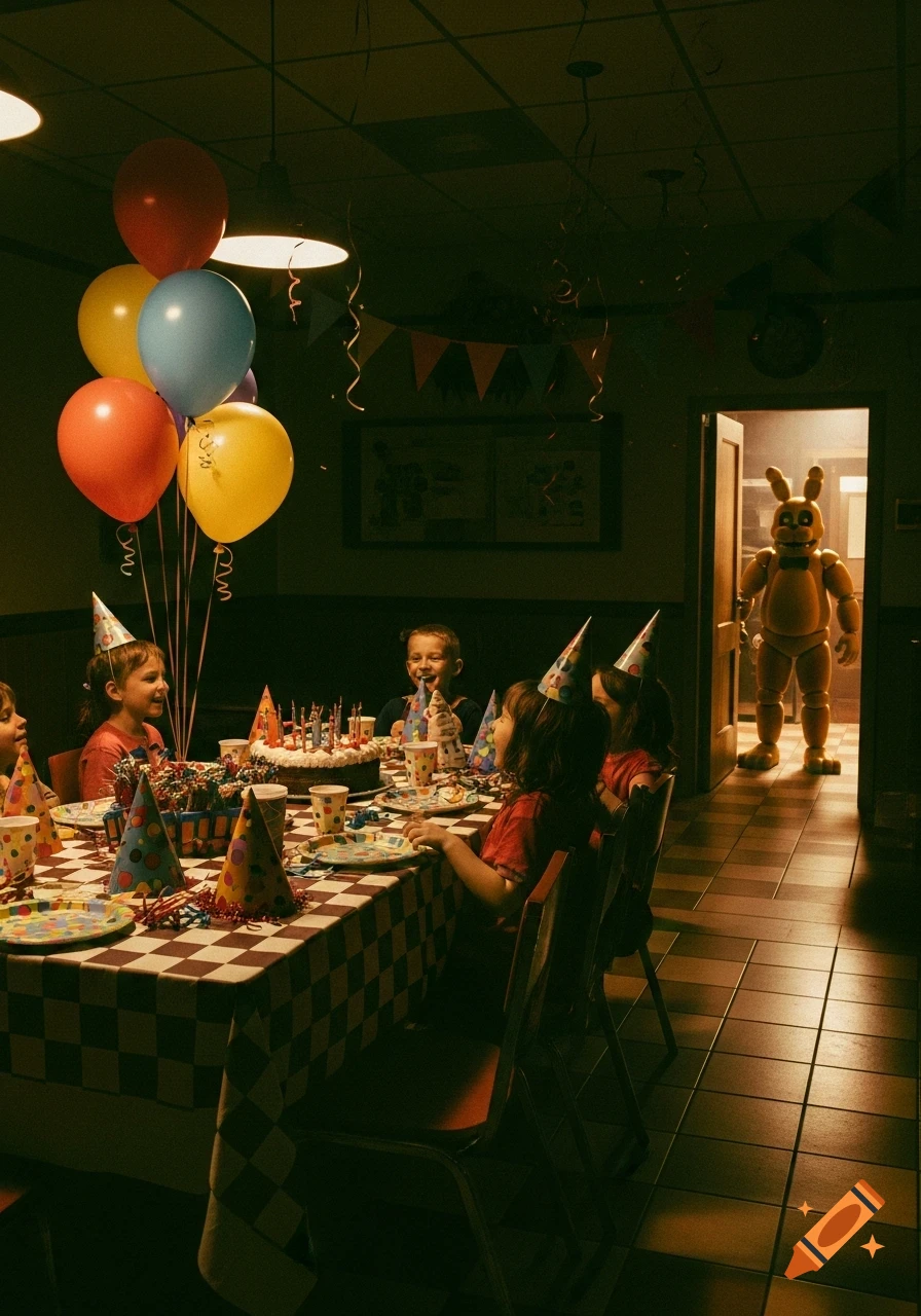 Children at a birthday party, seated around a table with a cake and balloons, while a yellow rabbit animatronic watches from a doorway.