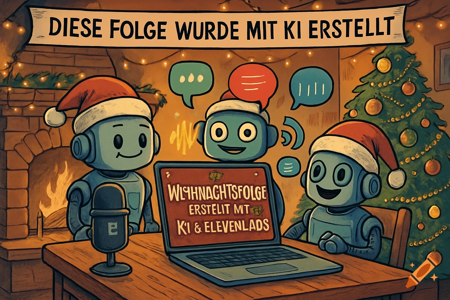 Cartoon robots in Santa hats host a Christmas podcast in a festive living room, with a laptop showing "Christmas Episode made with AI & ElevenLabs" and a banner reading "This episode was created with AI."