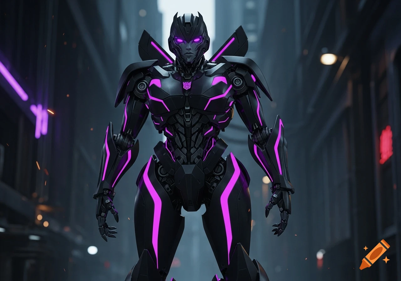 A realistic female Autobot Transformer with a full black body and glowing purple stripes and optics stands in a futuristic city street.