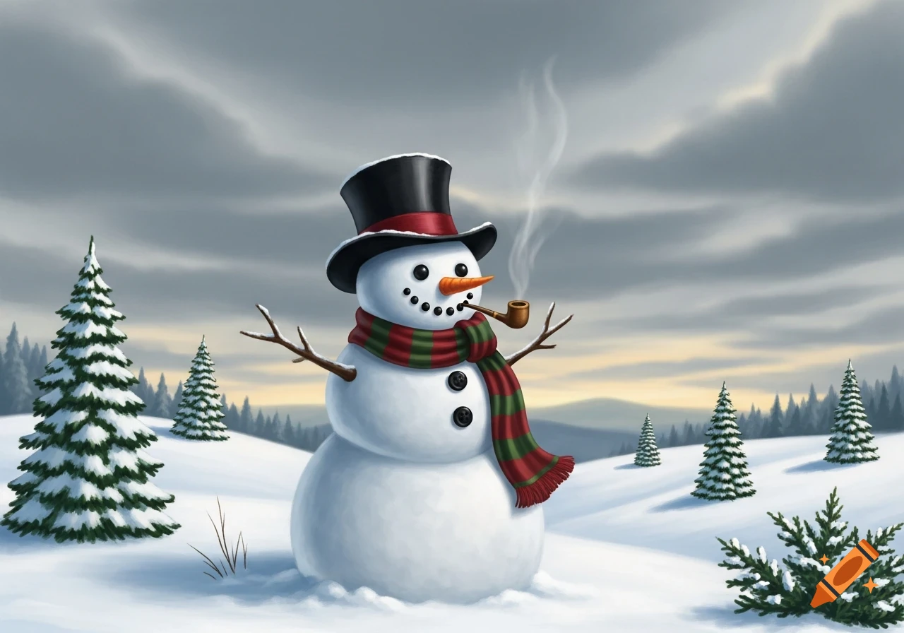 A charming snowman with a top hat, a red and green striped scarf, a carrot nose, and a smoking pipe stands in a snowy field with pine trees under a cloudy sky.