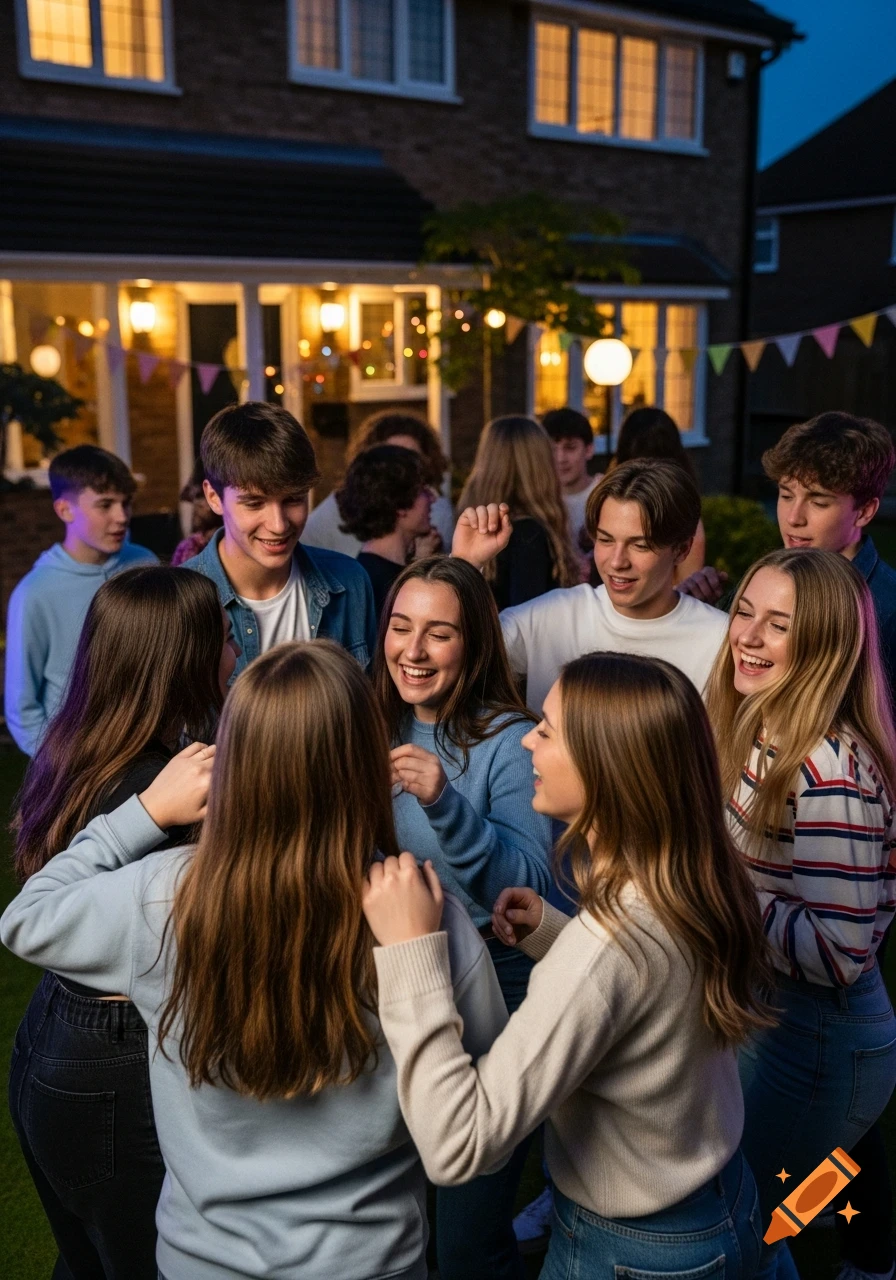A group of diverse teenagers enjoy an outdoor evening house party in a garden, laughing and talking under warm string lights.