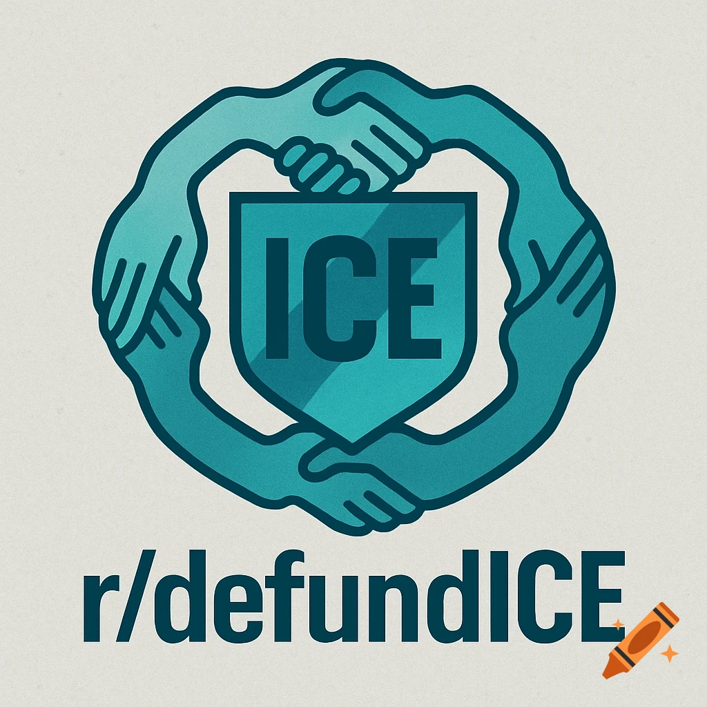 Logo with a teal shield displaying "ICE", encircled by interlocking hands. Below reads "r/defundICE".