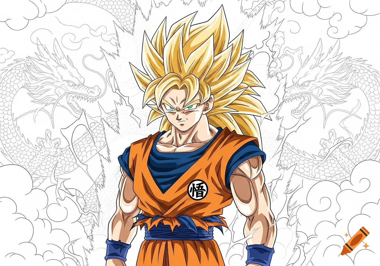 Goku in Super Saiyan 3 form, partially colored, against an outlined background of dragons in a coloring page style.
