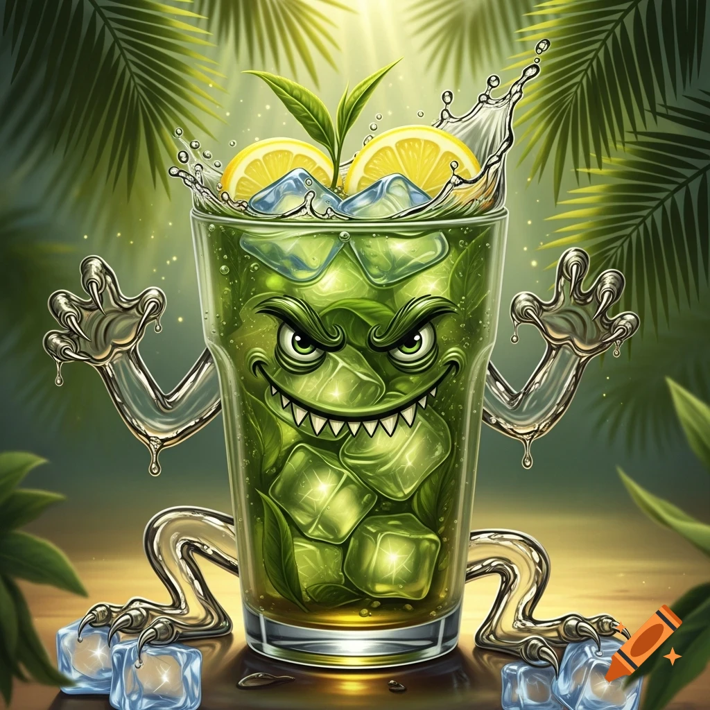 A vibrant, cartoonish monster green tea glass with ice, lemon, a mischievous face and metallic limbs, against a lush, sunlit background.