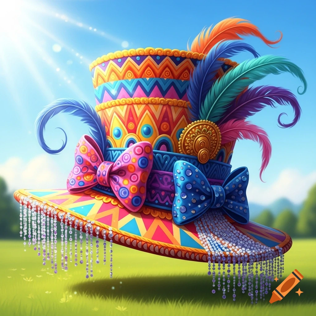 A vibrant, flamboyant top hat adorned with colorful patterns, feathers, bows, and dangling beads, set against a bright blue sky and green field.