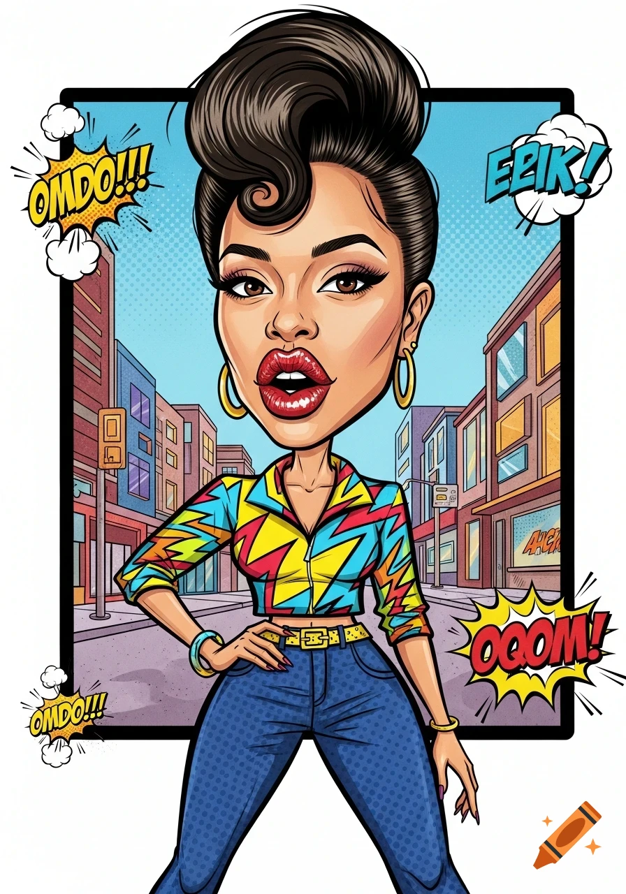 A pop art style cartoon of a woman with an exaggerated head and lips, wearing a colorful patterned shirt and jeans, against a city street background with speech bubbles.
