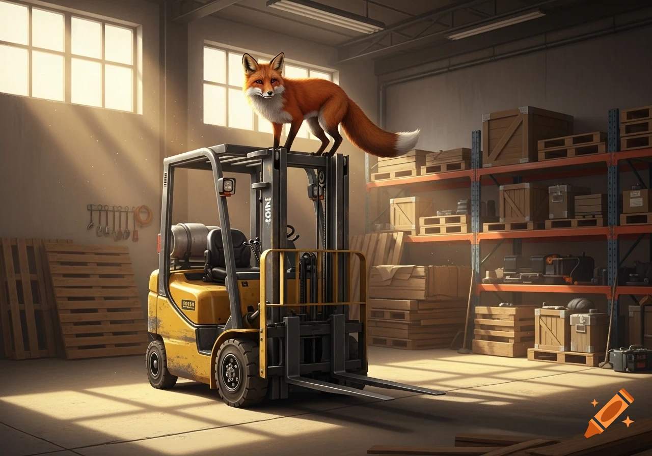 A photorealistic red fox stands atop a yellow forklift in a sunlit warehouse with shelves and pallets.