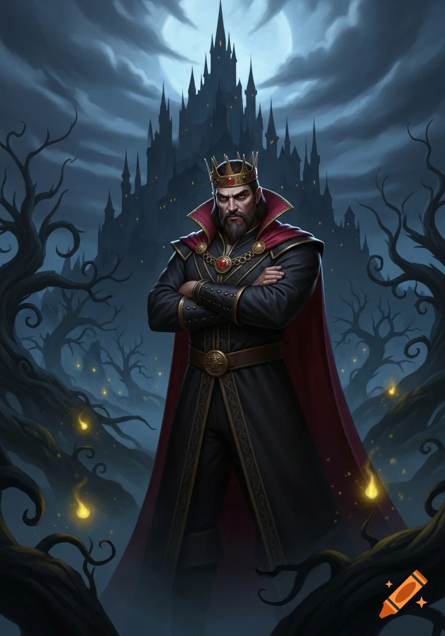 Dark fantasy art of a stern king in black robes and crown, arms crossed, before a spooky gothic castle under a full moon.