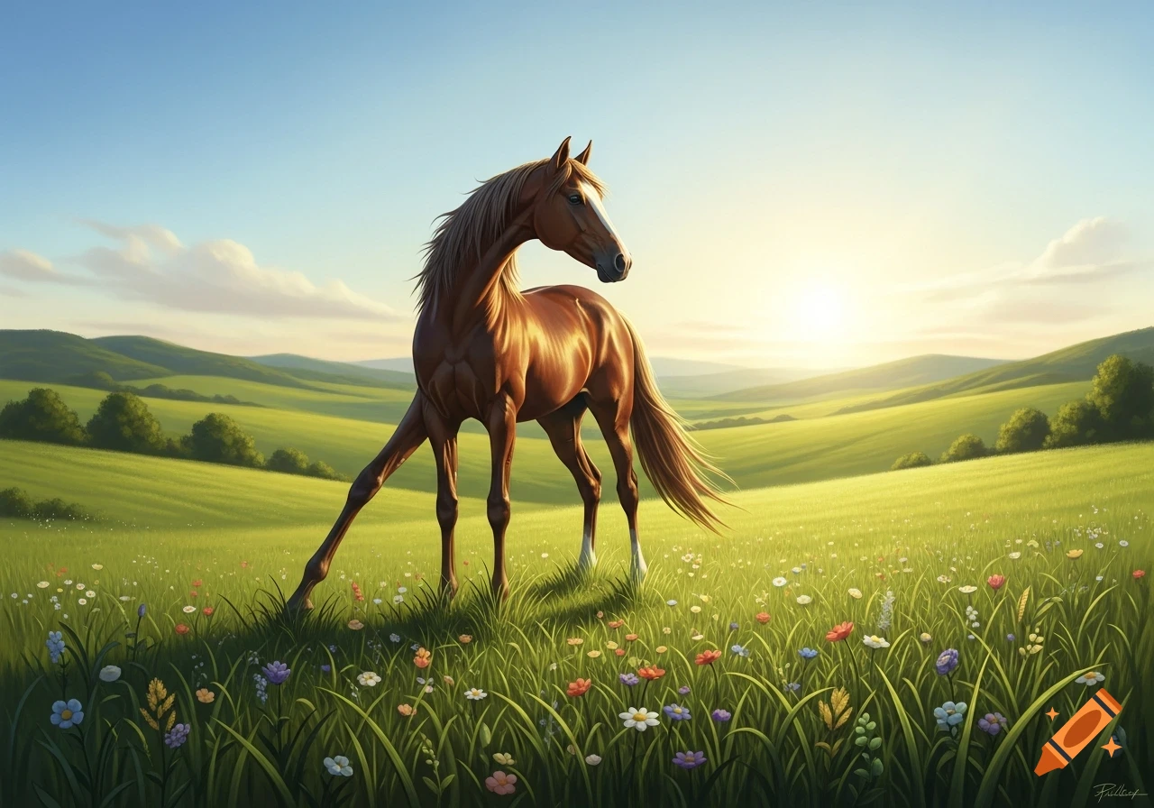 A five-legged brown horse stands in a vibrant green meadow with colorful wildflowers under a sunny blue sky.