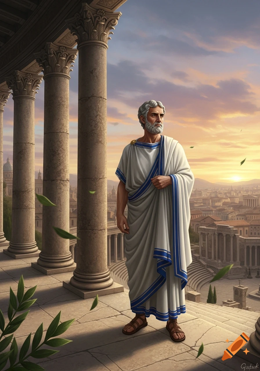 A man in a white toga stands on a classical balcony with columns, overlooking an ancient city at sunset.
