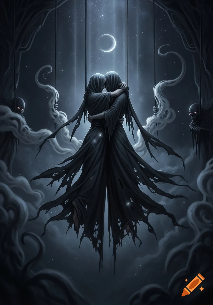 Two cloaked figures embrace under a crescent moon amidst stars, smoke, and red-eyed specters in a dark fantasy illustration.