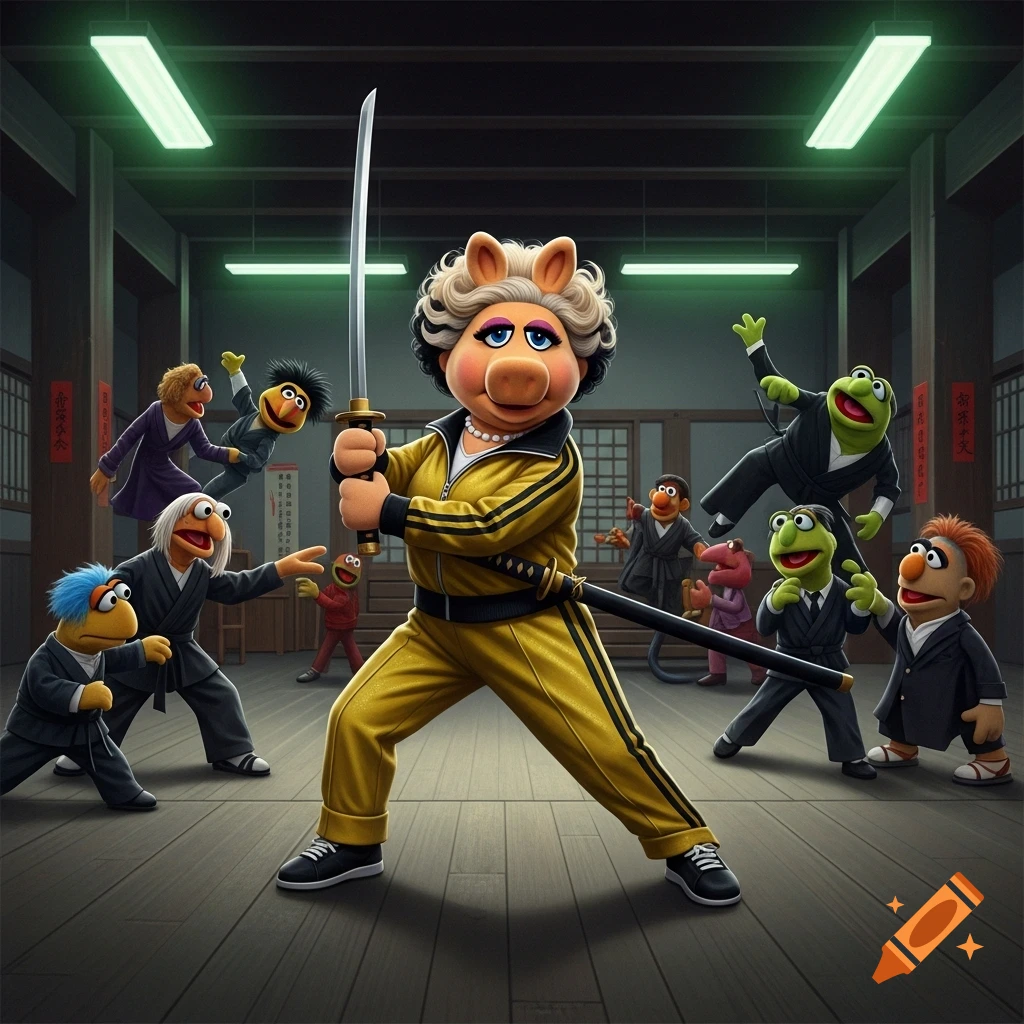 Miss Piggy in a yellow tracksuit holding a katana, surrounded by other Muppets in a martial arts dojo.
