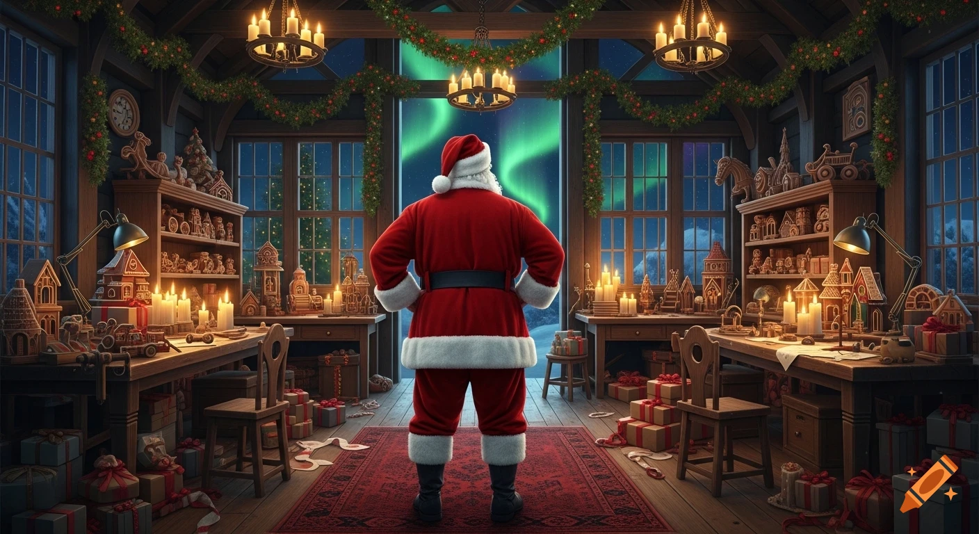 Santa Claus stands with hands on hips, back to the viewer, in his festive, toy-filled Christmas workshop with the Northern Lights outside.