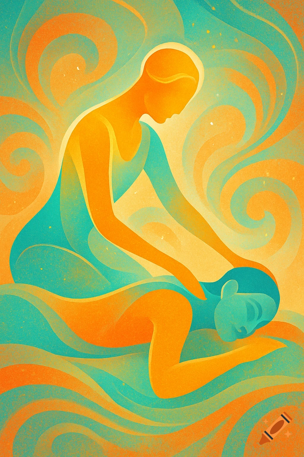 Two abstract, stylized figures in orange and teal, one massaging the other on a wavy background.