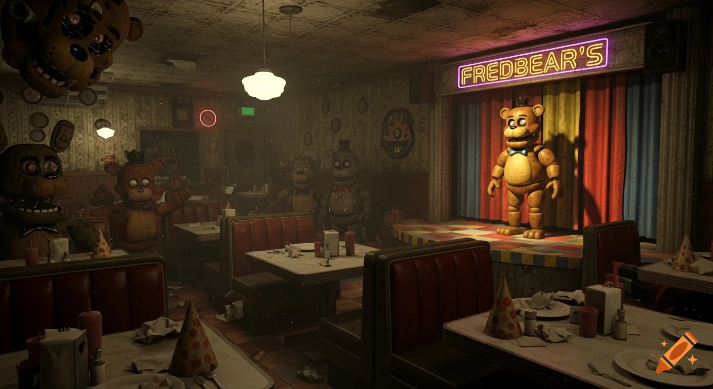 A dilapidated Fredbear's Family Diner with animatronic characters, including Fredbear on stage, in a dusty, dimly lit setting.