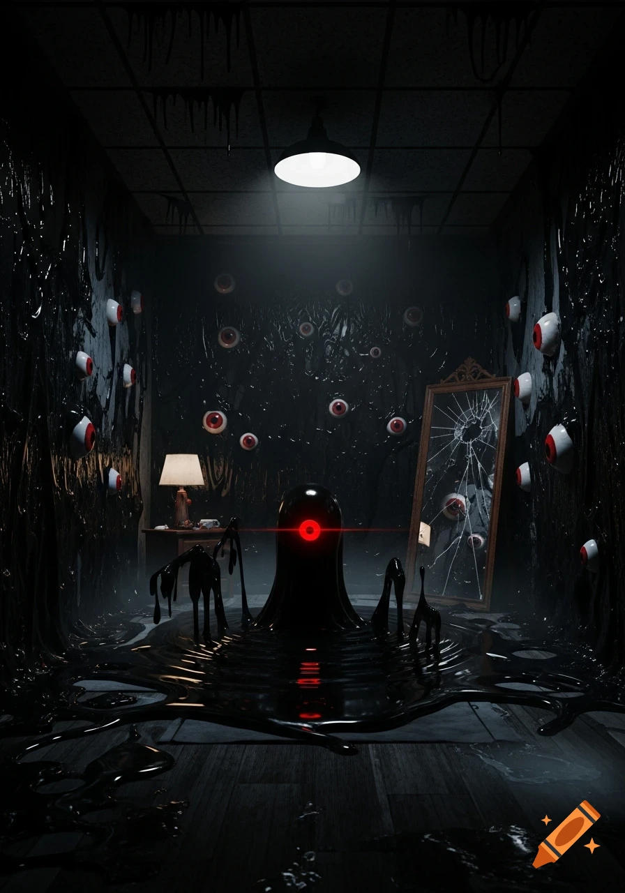 A dark, creepy hotel room overrun by black dripping slime and many eyeballs, with a central one-eyed black slime creature and a broken mirror.