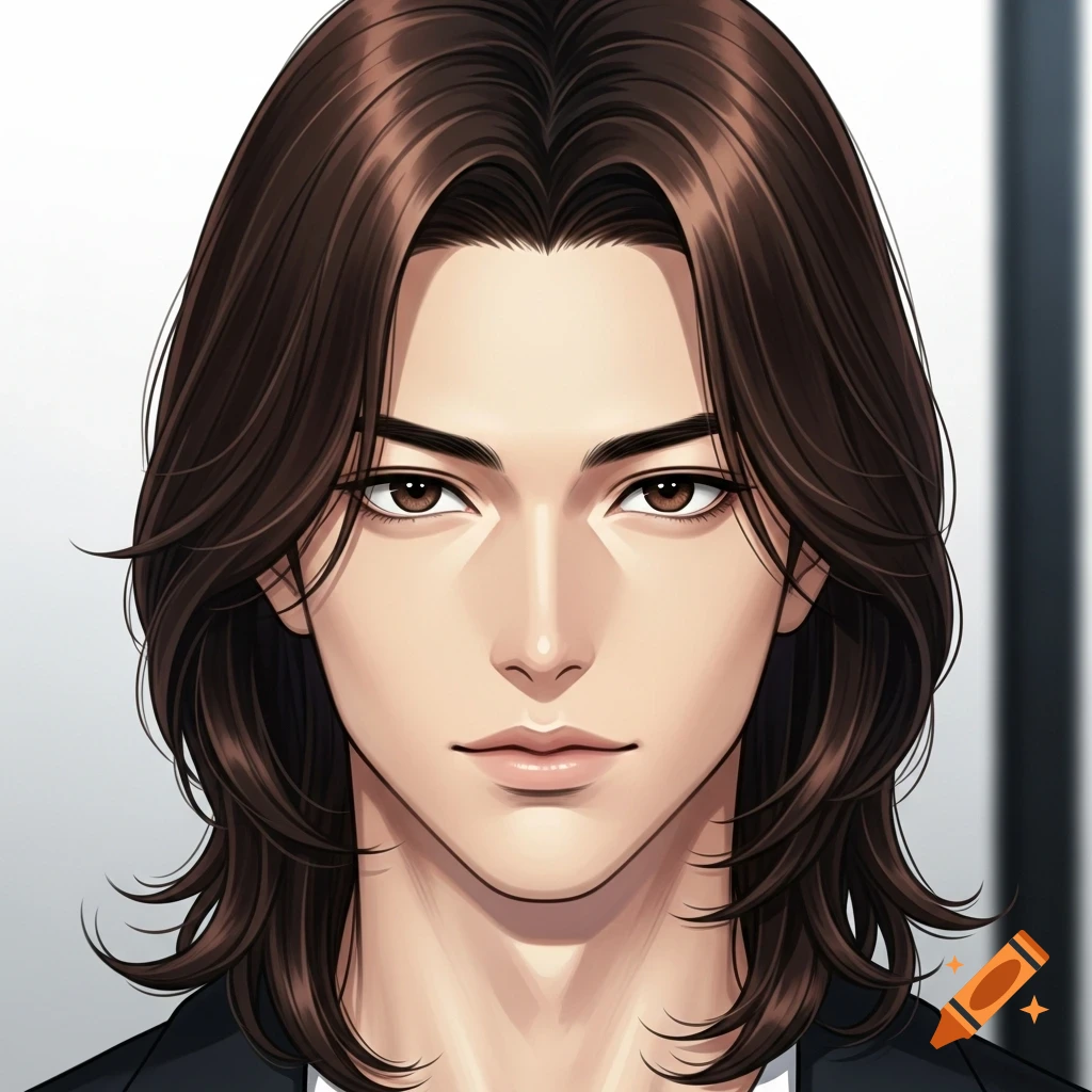 Anime-style portrait of a handsome man with long brown hair and brown eyes.