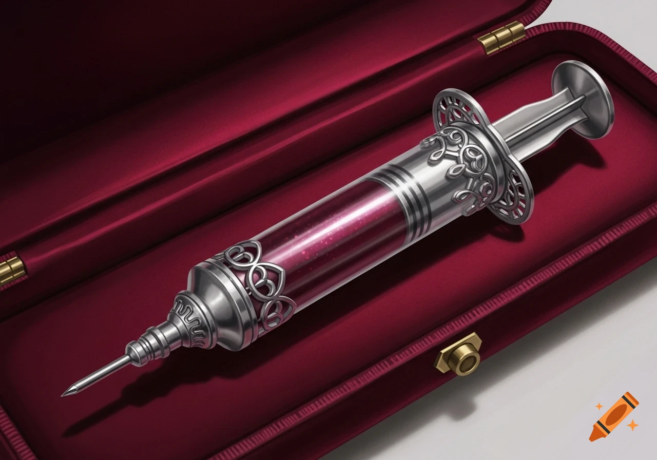 An ornate silver fantasy syringe filled with shimmering maroon ink rests in an open red velvet case.