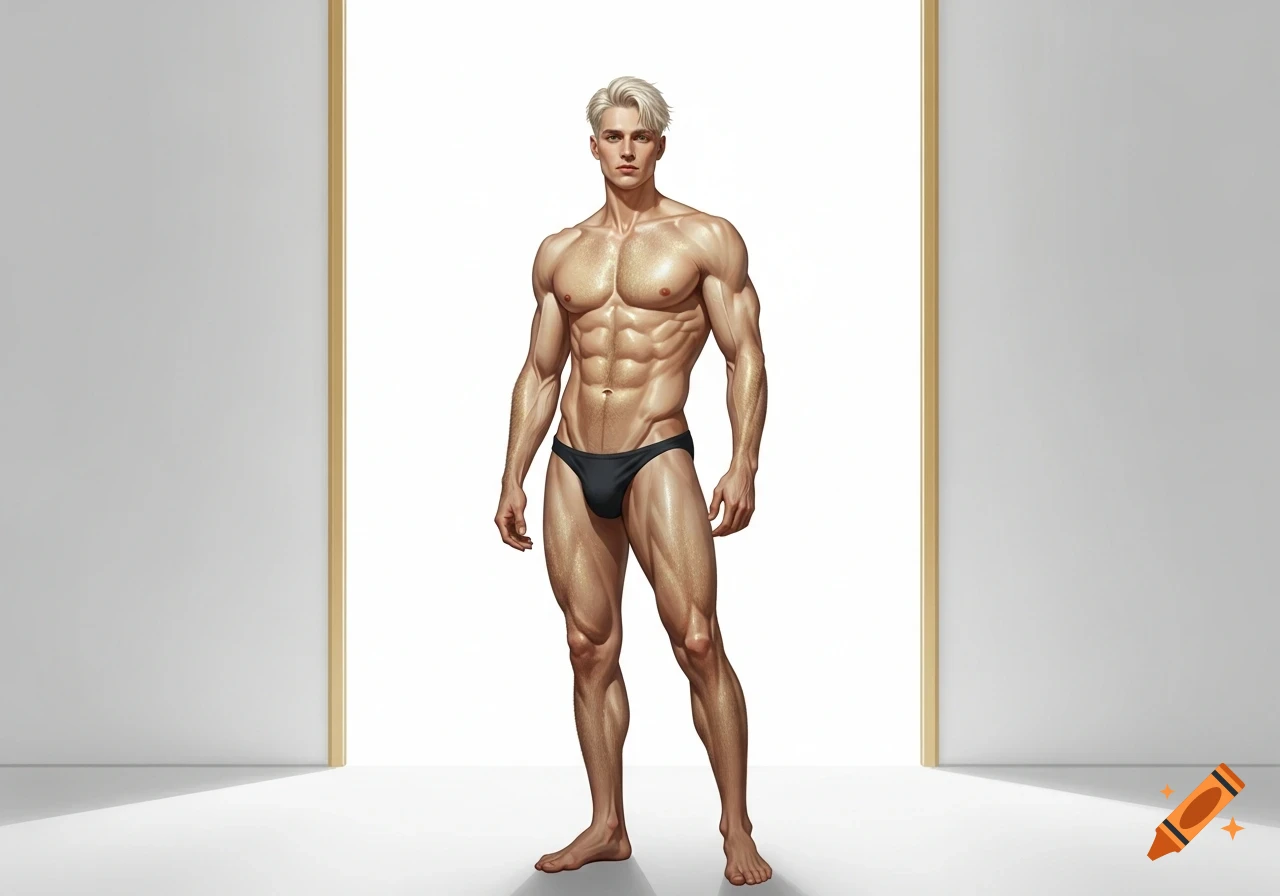 A muscular man with blonde hair and pale skin stands in black briefs, showcasing his physique in a minimalist setting.