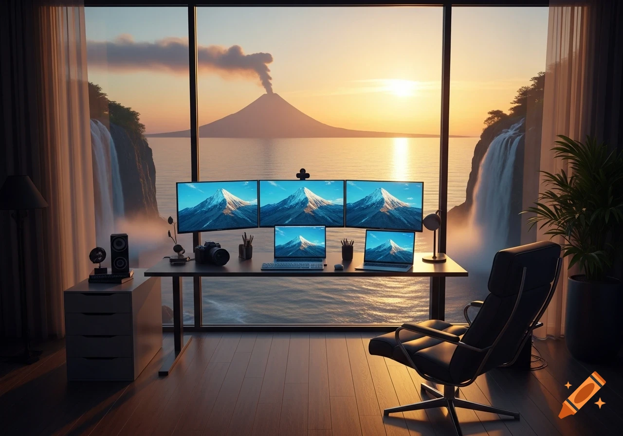 A modern office workspace with multiple monitors and laptops, overlooking a dramatic ocean sunset with a smoking volcano and waterfalls.
