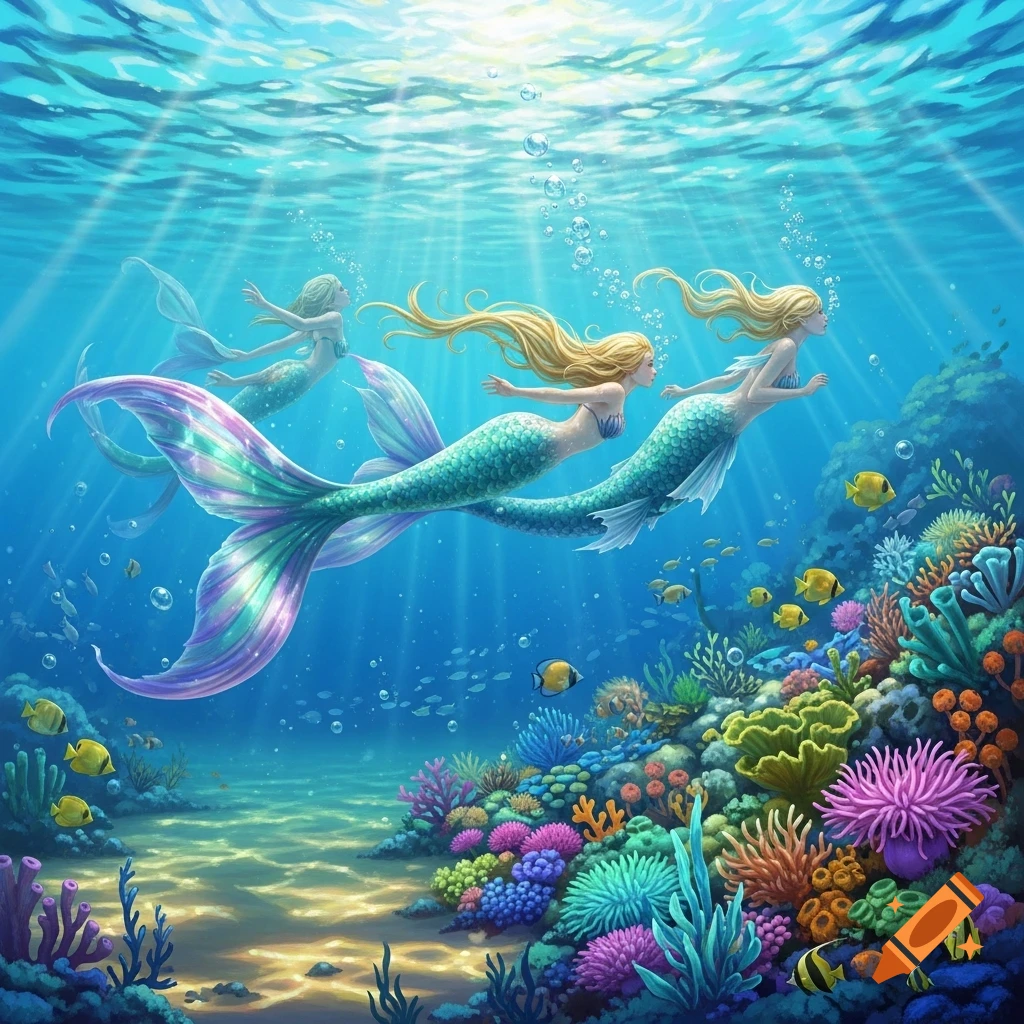 Three mermaids with long blonde hair and shimmering tails swim gracefully among vibrant coral reefs and colorful fish in a sunlit underwater scene.