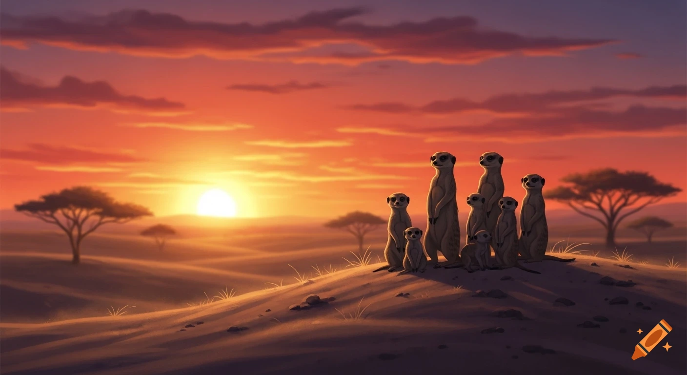 A family of meerkats stands on a sandy hill, silhouetted against a vibrant orange and red sunset over a savanna.