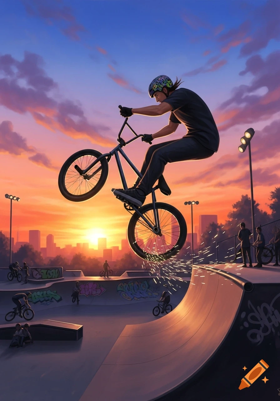 A BMX rider does a trick over a ramp in a skatepark at sunset, with a city skyline in the background.