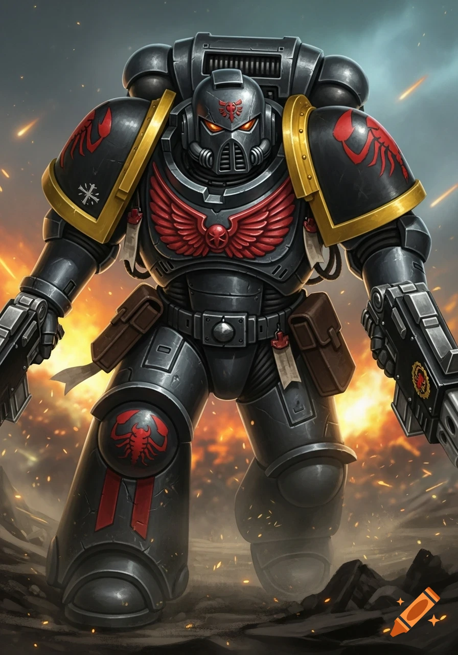 A loyalist Red Scorpions Space Marine in dark grey armor with red and gold details stands in an action pose amidst explosions.