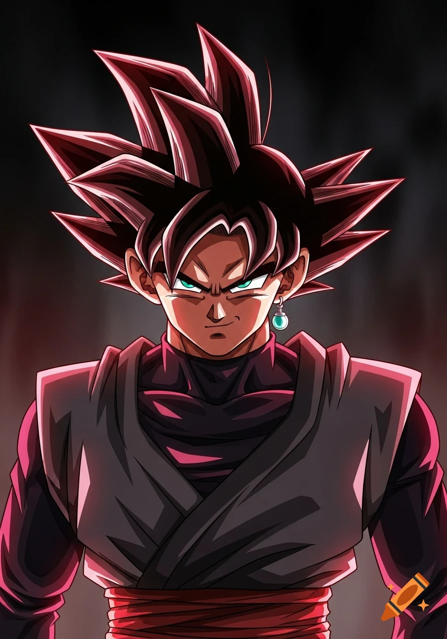 Goku Black from Dragon Ball Super with an intense expression and teal Potara earring, rendered in anime style with dramatic red lighting.