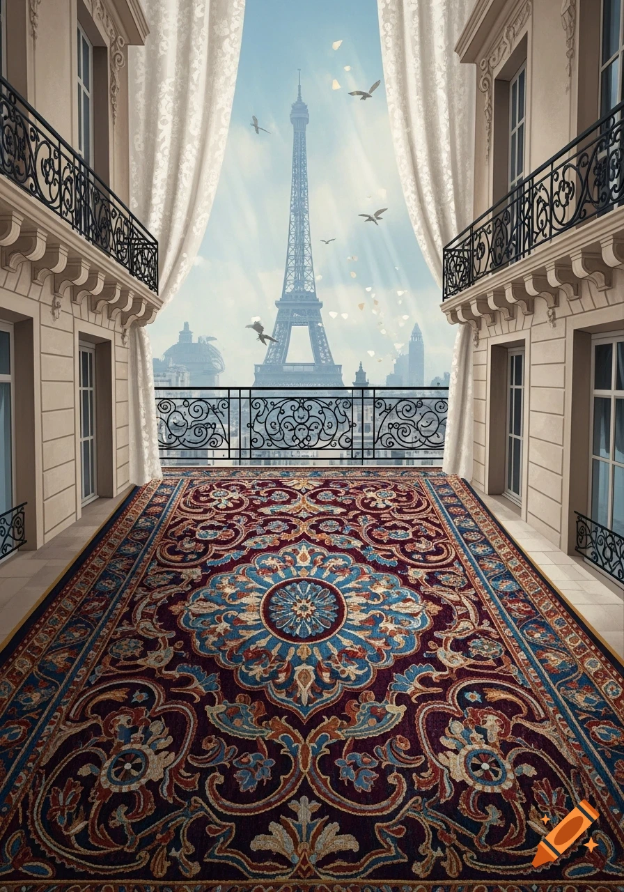 A grand Parisian balcony with an ornate patterned rug, overlooking the Eiffel Tower against a bright sky with flying birds.