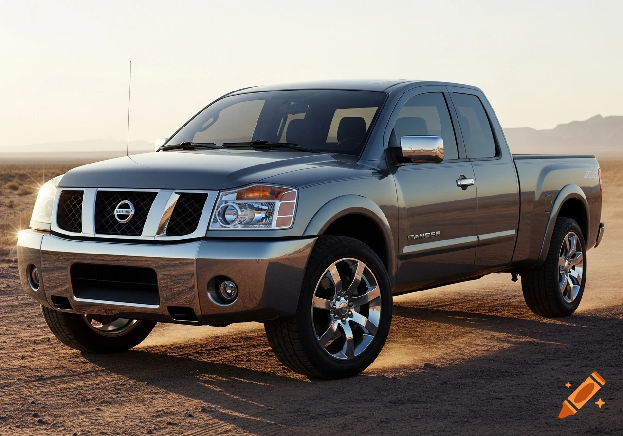 A photorealistic gray pickup truck with chrome accents is parked on a dirt road in a sunny desert landscape.