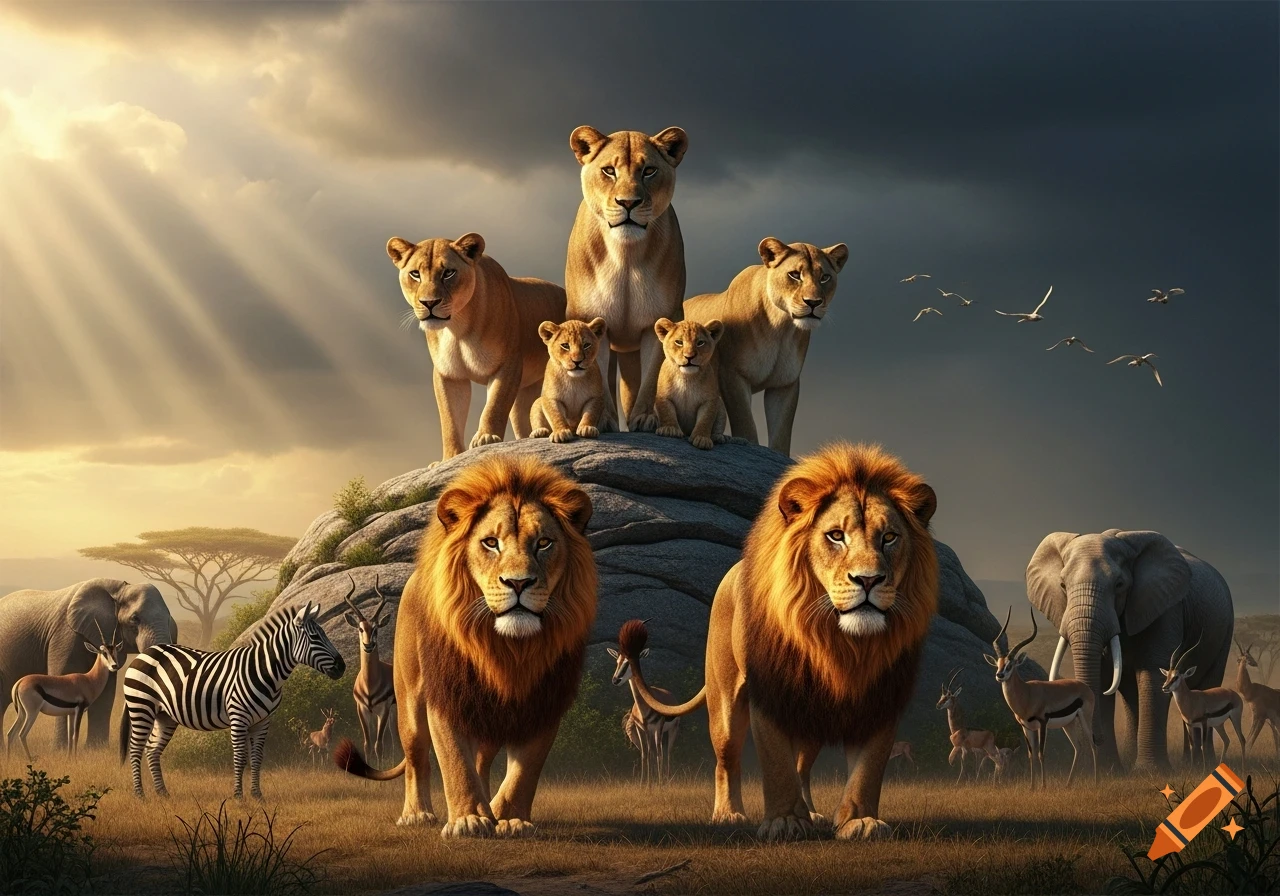 A dramatic photorealistic scene of a lion pride on a rocky hill, with two male lions in the foreground, surrounded by zebras, antelopes, and elephants in a savanna at sunset.
