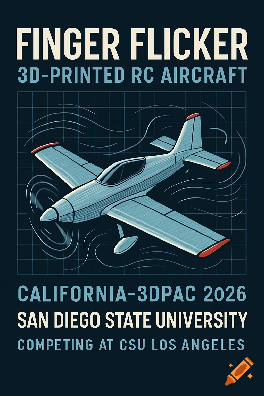 A flat vector graphic of a light blue 3D-printed RC aircraft named "Finger Flicker" with red accents, against a dark navy blueprint grid background with airflow lines. Text reads "FINGER FLICKER", "3D-Printed RC Aircraft", "California-3DPAC 2026", "San Diego State University", and "Competing at CSU Los Angeles".