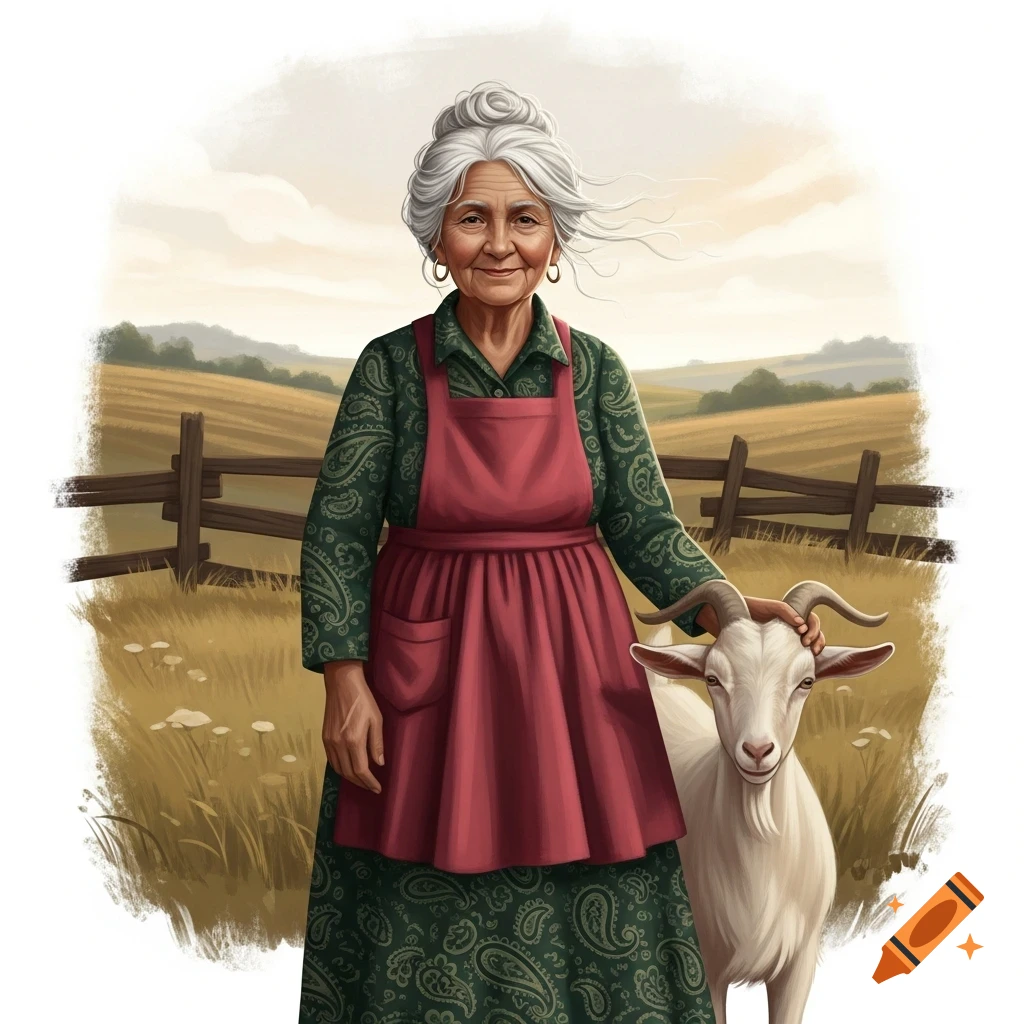 An old woman with olive skin, silver hair, and a red apron stands in a field, petting a white goat. Digital painting style.