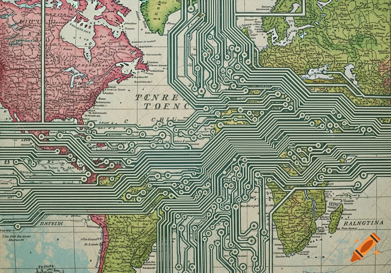 Vintage map of the world overlaid with intricate green electronic circuit board patterns in a mixed-media style.