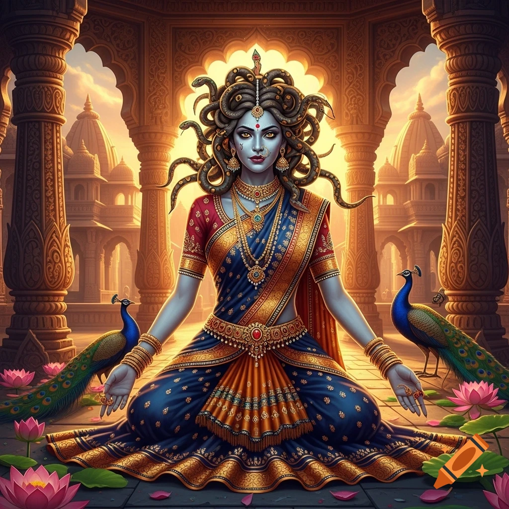 A blue-skinned Medusa-like figure in ornate gold and blue Indian attire, with snake hair, sits among peacocks and lotus flowers in a temple.