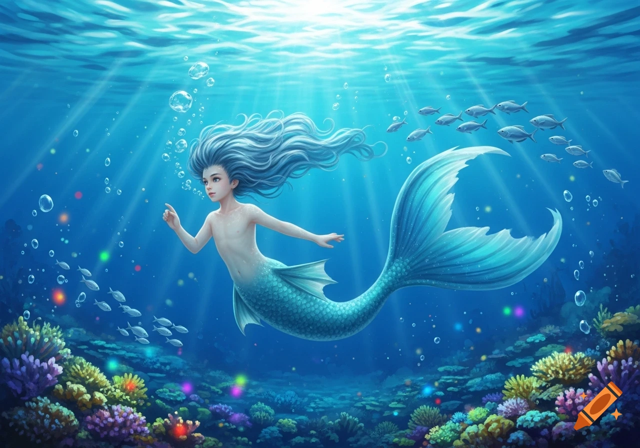 A child-like mermaid with flowing blue hair and a shimmering tail swims gracefully in a vibrant underwater world with coral and fish and light rays.