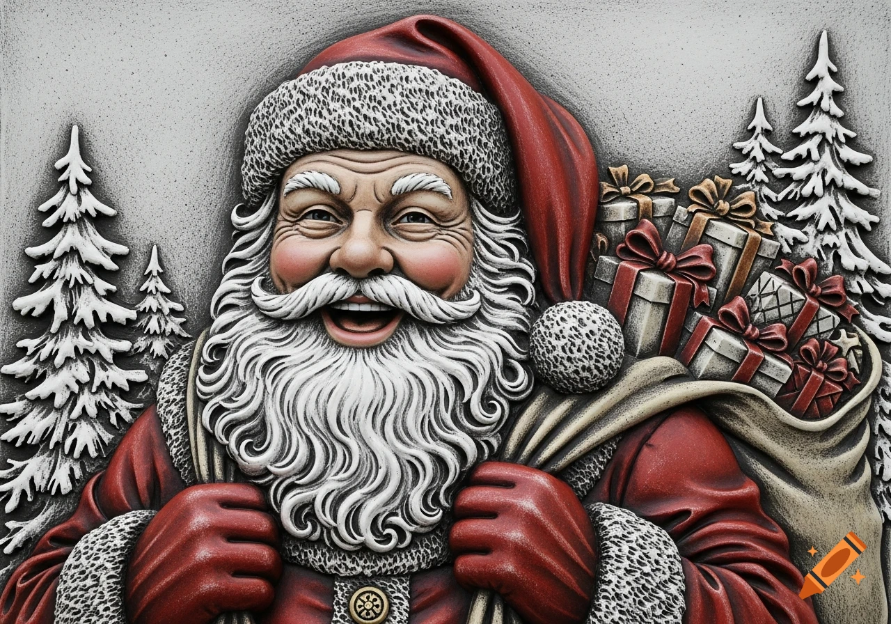 Smiling Santa Claus in a red suit and hat, holding presents, with snow-covered pine trees, in a bas-relief style.